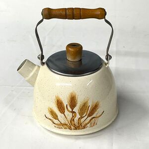 Vintage Hitmark Japan Enamel Tea Kettle Wheat Harvest Farmhouse Decor 70's